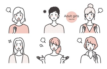 怒る女性のイラストカット  ベクター バリエーション 大人女子