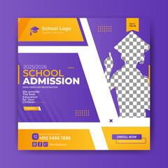 Kids School education admission social media post & back to school web banner template. Modern banner template with a purple and orange background color.