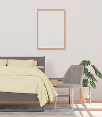 Minimal bedroom and white wall ,mock up frame  and copy space- 3d rendering -
