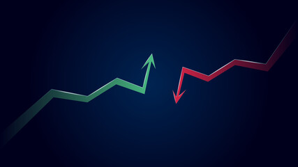 Green bullish and red bearish trend arrows opposite each other on dark blue background. Vector illustration.