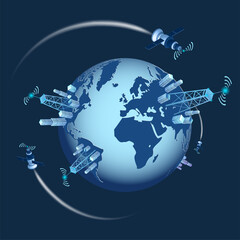 Naklejka premium Isometric concept of high speed satellite communication 5g isolated on blue. 3d planet Earth with cell towers. Vector design element.