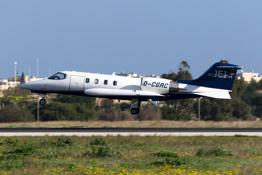 Luqa, Malta January 12, 2016: Jet Executive Gates Learjet 35A/ZR [D-CGRC] landing runway 31.