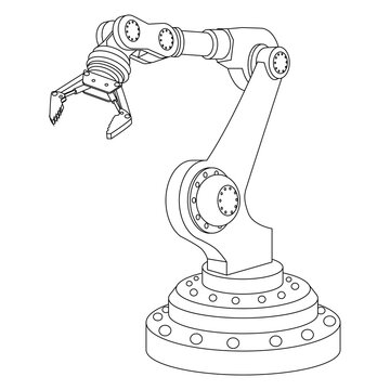 recommend clip art: Outline mechanical robotic arm with gripper isolated on white. Vector illustration.