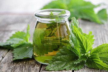 Glass jar of nettle tincture close-up.