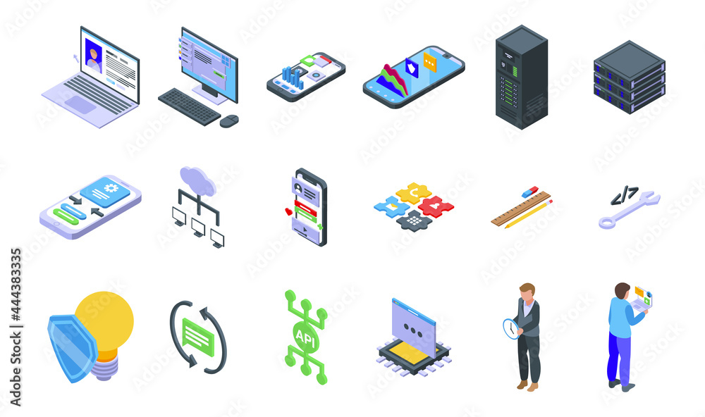 Poster api icons set isometric vector. develop code. computer software