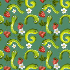 seamless pattern of caterpillars and strawberries