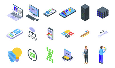 API icons set isometric vector. Develop code. Computer software