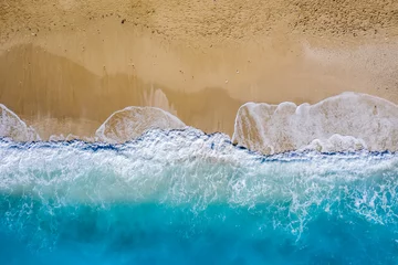 Poster Im Rahmen Aerial top down view of turquoise waters of Milos Beach, Lefkada island, Greece © Igor Tichonow