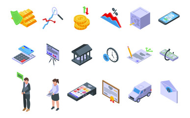 Bank reserves icons set isometric vector. Check gold money. Moneybox accounting