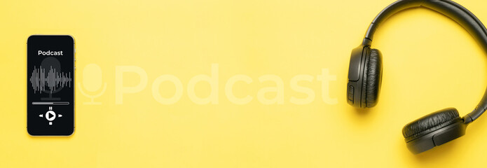 Podcast icon. Audio equipment with microphone, sound headphones, podcast application on mobile...