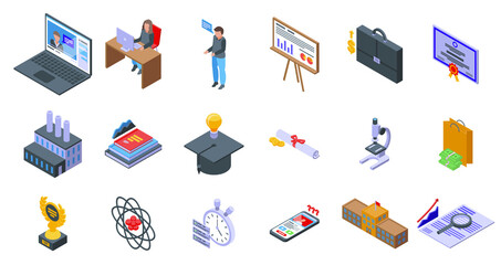 Business school icons set isometric vector. Training learn. University learning