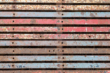 texture Old steel panel floor painted red and old blue until rust coffee shop decoration in vintage style Image for background and text