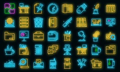 Space organization icons set. Outline set of space organization vector icons neon color on black
