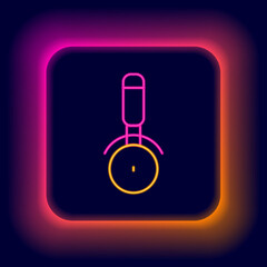 Glowing neon line Pizza knife icon isolated on black background. Pizza cutter sign. Steel kitchenware equipment. Colorful outline concept. Vector