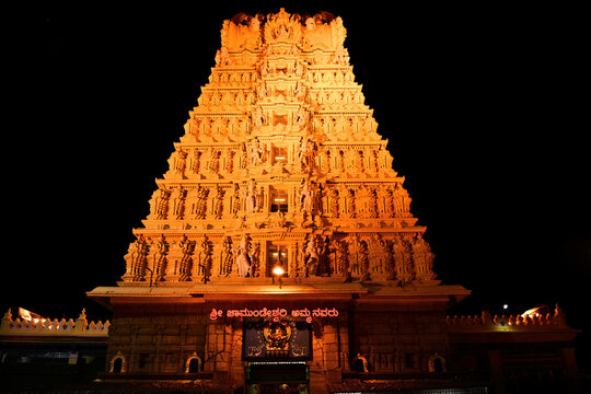 Night view of Chamundeshwari temple gopura.