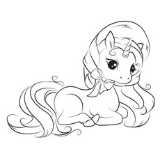 Color book of cute little smiling unicorn in a beautiful hat on his head .Hand drawn illustration for your design. 