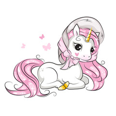 Illustration of cute little smiling unicorn in a beautiful hat on his head .Hand drawn illustration for your design