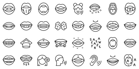 Articulation icons set outline vector. Childhood development. Education exercise