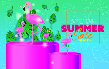 special offer banner background of summer sale for discount marketing concept, palm leaf tree tropical and flamingo bird