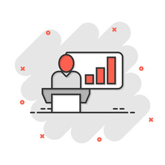 People on podium icon in comic style. Speaker cartoon vector illustration on white isolated background. Audience orator splash effect business concept.