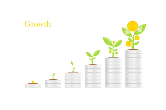 Growth of trees money on a silver coins for the success concept. About business and investment. Vector illustration