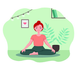 Girl doing yoga at home. Stay home concept. Lotus pose. Female sitting in room. Flat vector illustration. 