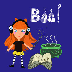 Halloween, cute witch, in headphones with eyes, girl, redhead, child, with a magic wand, cauldron, ball, witchcraft book, spell book, autumn colors.