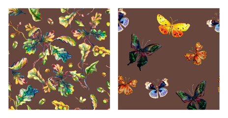 2 seamless pattern companions with oak leaves and butterflies. Watercolor autumn artistic patterns for print, textile, wallpaper cover.