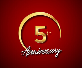 5th anniversary golden color with circle ring isolated on red background for anniversary celebration event.