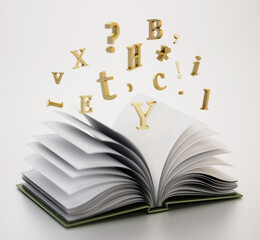 Open book with flying letters in the air. 3D illustration