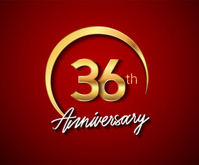 36th anniversary golden color with circle ring isolated on red background for anniversary celebration event.