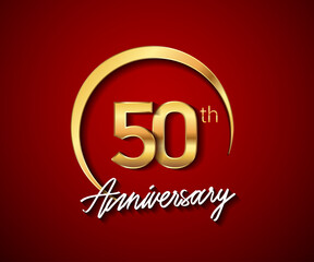 50th anniversary golden color with circle ring isolated on red background for anniversary celebration event.