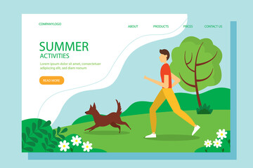 Man running with the dog in the Park. Conceptual illustration of outdoor recreation, active pastime. Summer illustration in flat style.
