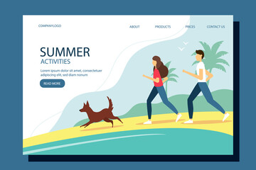 Woman and man running with the dog on the beach. Summer illustration in flat style. Design for your purposes with space for text.