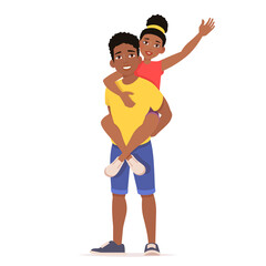 Happy smiling black African-American couple. Man carrying girl on shoulders. Vector illustration