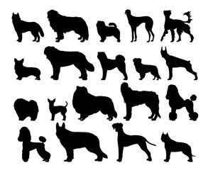 Black silhouette of a dog set. Isolated on white