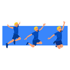 Fototapeta na wymiar Set Cartoon cute boy wearing blue shorts ,yellow cap and sneakers is jumping on rectangular blue with white background.Three boys in jumping very style. Vector isolate flat design concept for freedom.