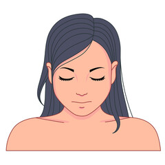 Gril looking down with closed eyes. Vector illustration. Long dark hair, clavicles.