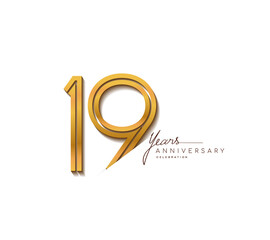 19th anniversary logo golden colored with linked number isolated on white background, vector design for greeting card and invitation card.