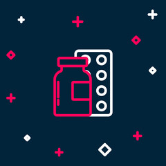 Line Pills in blister pack icon isolated on blue background. Medical drug package for tablet, vitamin, antibiotic, aspirin. Colorful outline concept. Vector