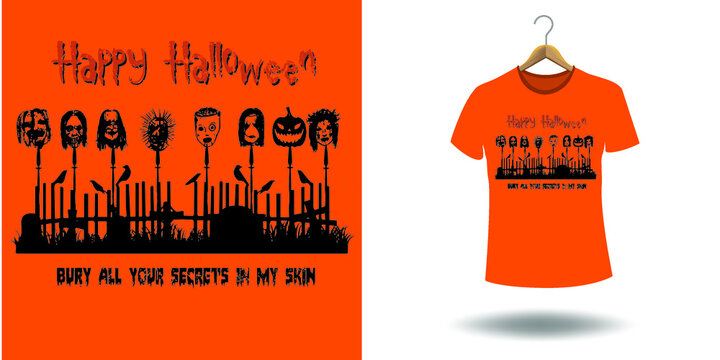 Halloween t shirt ready design. Printable Halloween design for t shirt. Vector design of pumpkin, witch, grave, moon and scary night. 
Scary easy printable t shirt design for men. women and child.