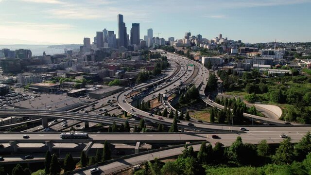Aerial View of Emerald City Seattle Skyline with Cars on Freeway