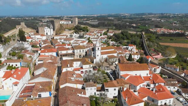 4k Aerial drone footage of historic walled town of Obidos near Lisbon, Portugal