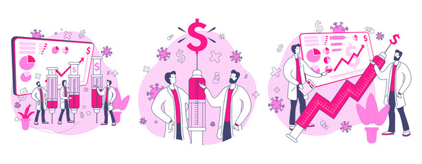 Conjunto de ilustraciones sobre las vacunas y los beneficios económicos que aportan a los laboratorios que las desarrollan