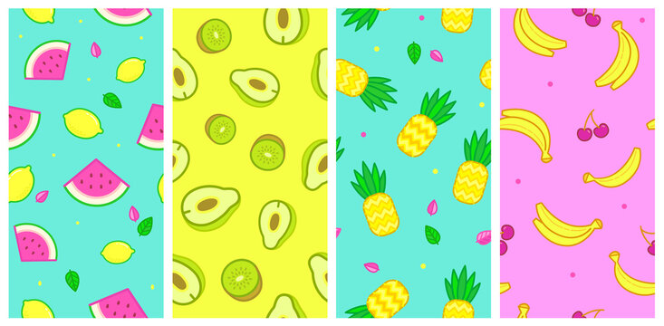 Fashion seamless patterns with pineapple, bananas, lemons on pink, blue, yellow vector backgrounds. Cartoon style fruits. Design for fashion prints, print fabric textile, apparel, scrapbook, gift wrap