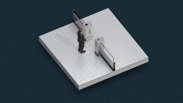 A gate that confirms identity by recognizing faces as a businessman walks in. facial recognition technology. 4k animation.