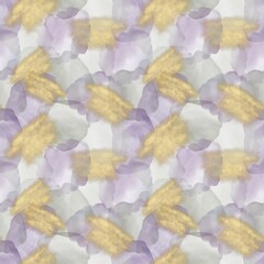 A solid seamless pattern of watercolor spots, gray and purple with strokes of gold sequins