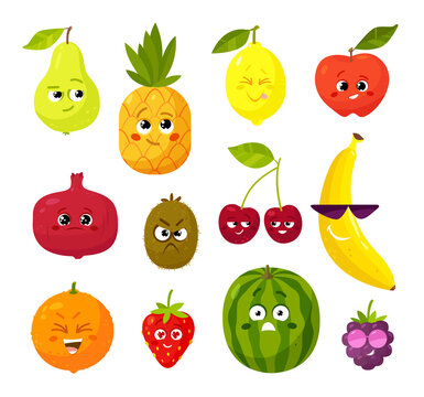 Cute cartoon tropical fruits and berries characters with various motions. Vector set of  cute fruits, watermelon, apple, lemon, banana, strawberry, pear and orange isolated vector illustration