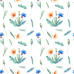 Seamless watercolor pattern with wildflowers bouquets