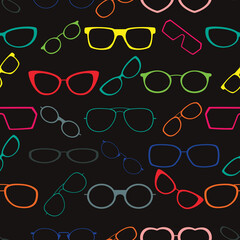 Colorful glasses seamless pattern background.  Great for eyewear themed fabric, wallpaper, packaging.

